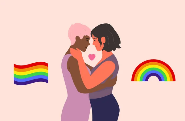 Gay Couple Love Lesbians Hugging Lgbt Vector Illustration — Stock Vector