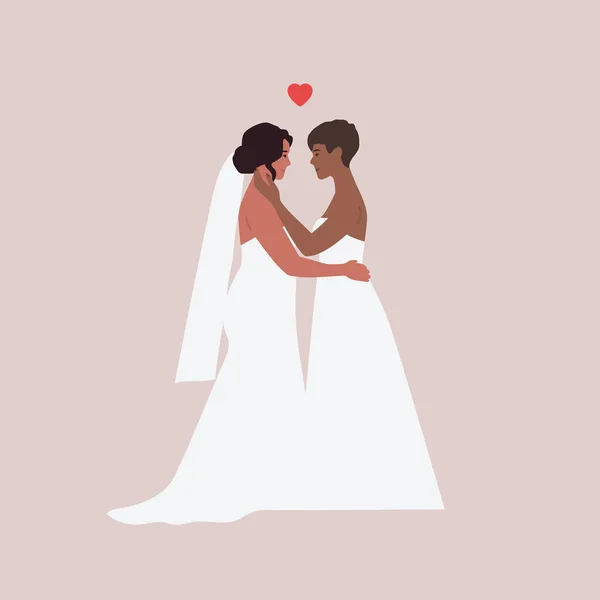 Two Brides Lesbian Wedding Gay Marriage Homosexual Women Hug Each — Stock Vector