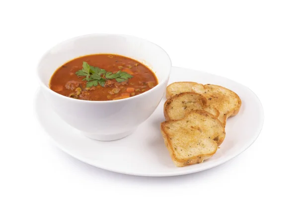 German Red Meat Goulash Soup Served Toasted Buns Isolated White — Stock Photo, Image