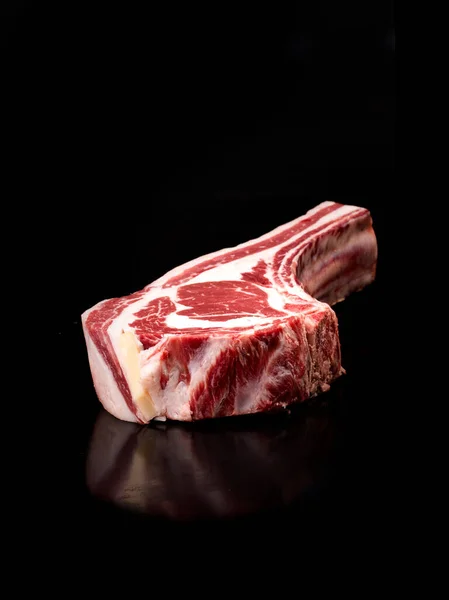 Raw Prime Rib Meat Slice Black Background — Stock Photo, Image