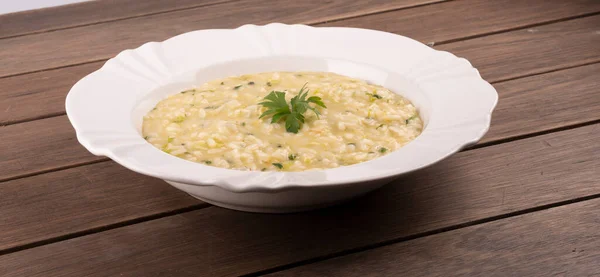 Risotto Green Onions Wooden Table — Stock Photo, Image