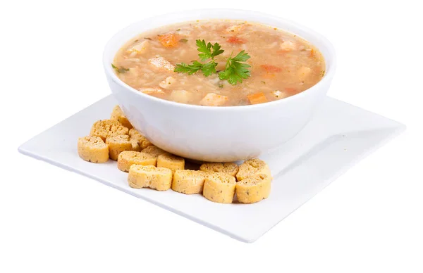 Chicken Soup Parsley Croutons Isolated White Background — Stock Photo, Image