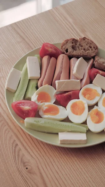 Petit Déjeuner Sain Dans Assiette Sur Table Bois Fermer — Photo