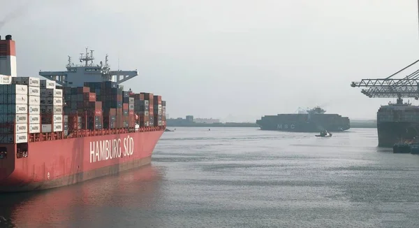 Port Rotterdam Netherlands 2021 Large Container Ship Leaving Port Dense — ストック写真