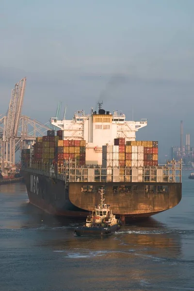Large Container Vessel Arriving European Port Tug Assistance Stern Sunny — ストック写真