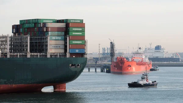 Haven Van Rotterdam 2022 Groot Containerschip Aangekomen Europese Haven Met — Stockfoto