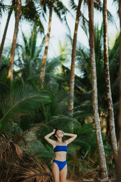 Peaceful Young Female Swimwear Standing Hands Head Eyes Closed Tall — Stock Photo, Image