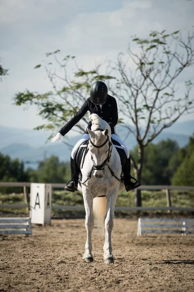 Jóquei Feminino Irreconhecível Montando Cavalo Branco Arena Arenosa Durante Curativo — Fotografia de Stock