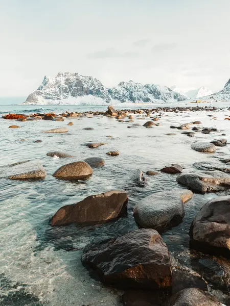 Boulders Located White Snowy Coast Sea Mountains Gray Winter Day — Stock fotografie