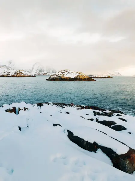 在挪威罗浮敦群岛 冬日里 雪地的悬崖面对着汹涌的大海 天空乌云密布 — 图库照片