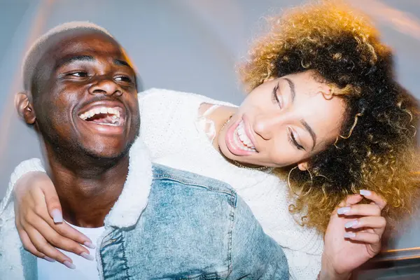 Cheerful Young African American Male Giving Piggyback Ride Happy Girlfriend — Stock Photo, Image