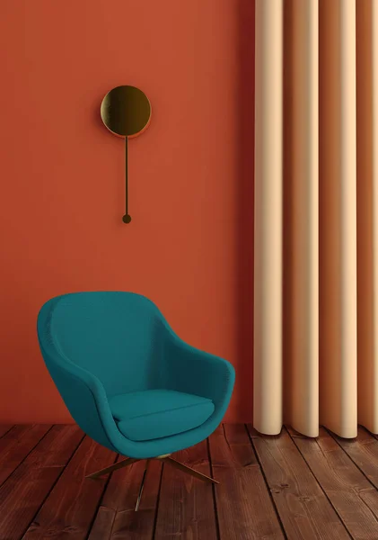 Grön Fåtölj Inredning Orange Vägg Och Gardin Med Art Deco — Stockfoto