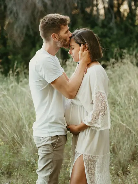 自然の中でフィールドに立っている間 額に妊娠中の女性にキス柔らかい男性の側面図 — ストック写真
