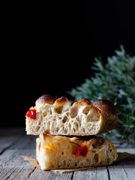 Close One Piece Fresh Tomato Focaccia Rosemary — Stock Photo, Image