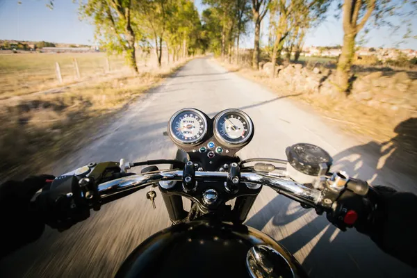 Back View Faceless Fast Racer Riding Motorbike Forest Rural Location — Stock Photo, Image