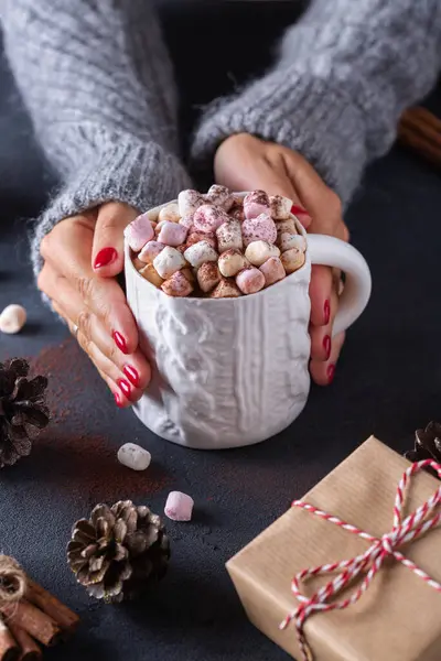 Crop Female Holding Mug Hot Drink Marshmallows Christmas Gifts Cones — Stock Photo, Image