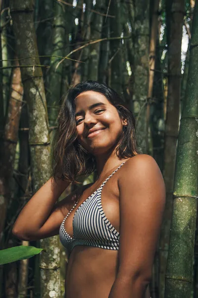 Content Young Female Traveler Swimwear Shadow Face Looking Away Bamboo — Stock Photo, Image