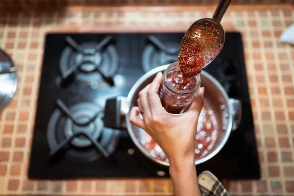 High Angle Crop Anonymous Person Pouring Delicious Fig Confiture Jar — Stock Photo, Image