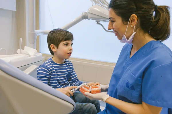 Uśmiechnięta Kobieta Ortodonta Uczy Pacjenta Szczoteczką Zębów Modelu Szczęki Klinice — Zdjęcie stockowe