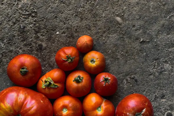 Nahaufnahme Von Einem Stapel Roter Tomaten Auf Dem Boden — Stockfoto