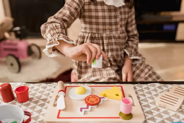 Crop Unrecognizable Kid Checkered Dress Toy Knife Cutting Cheese Chopping — Stock Photo, Image