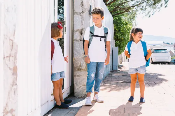 Přátelské Školáci Ležérní Oblečení Mluvení Při Trávení Času Dlážděné Chodníku — Stock fotografie