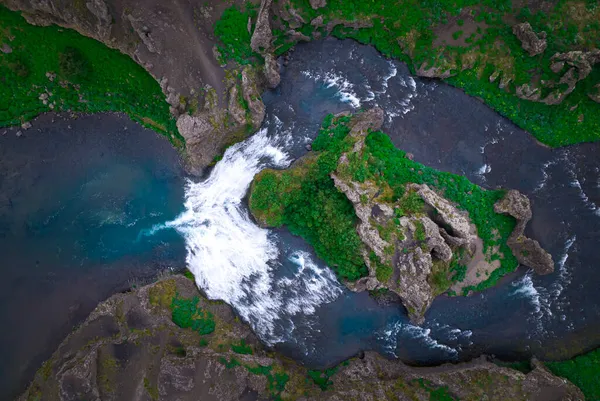 Drone View Fast River Flowing Rough Steep Rocky Coasts Covered — Stock Photo, Image