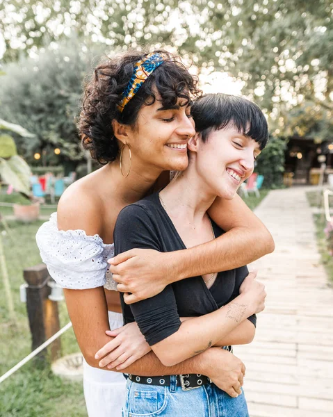 Positive Loving Multiethnic Couple Homosexual Women Hugging Closed Eyes While — Stock Photo, Image