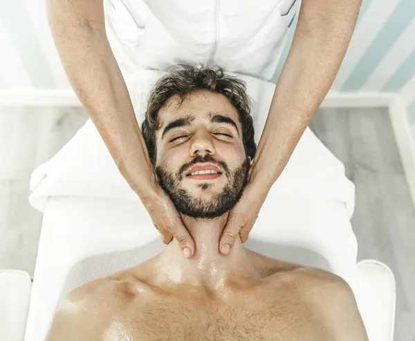 Top View Guy Closing Eyes While Having Neck Massaged Crop — Stock Photo, Image