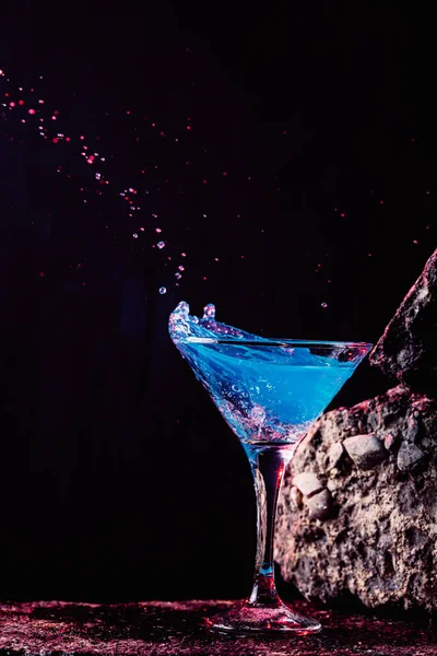 Blue Lagoon Cocktail Crystal Elegant Glass Placed Rough Surface Black — Stock Photo, Image