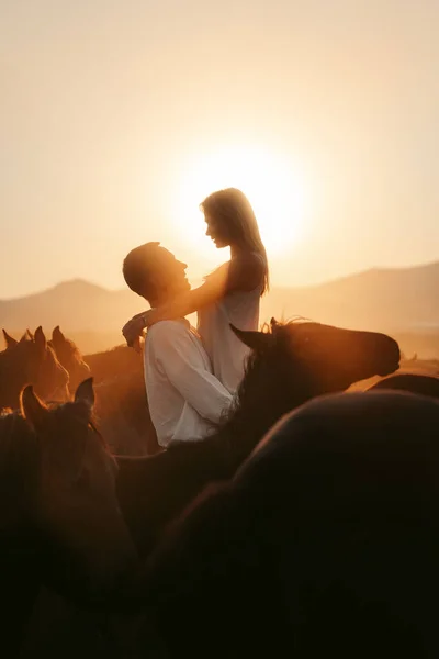 Side View Happy Female Admiring Sunset Mountains While Being Raised — Stock Photo, Image