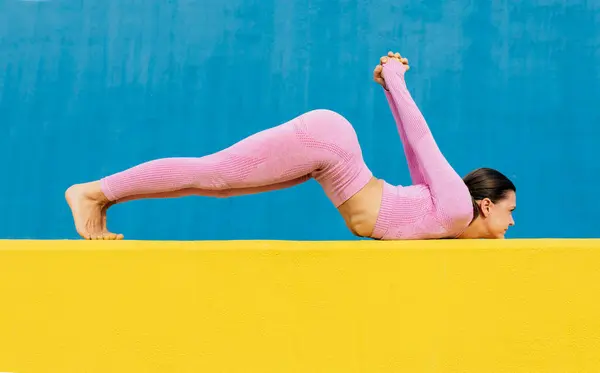 Side View Full Body Barefoot Woman Stretching Variation Reversed Locust — Stock Photo, Image