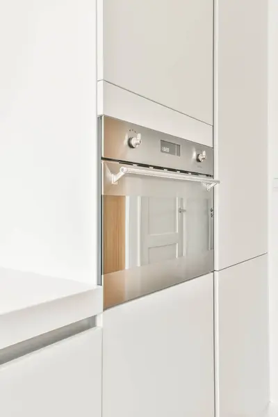 Built Chrome Oven Installed White Cupboards Modern Kitchen Minimalist Interior — Stock Photo, Image