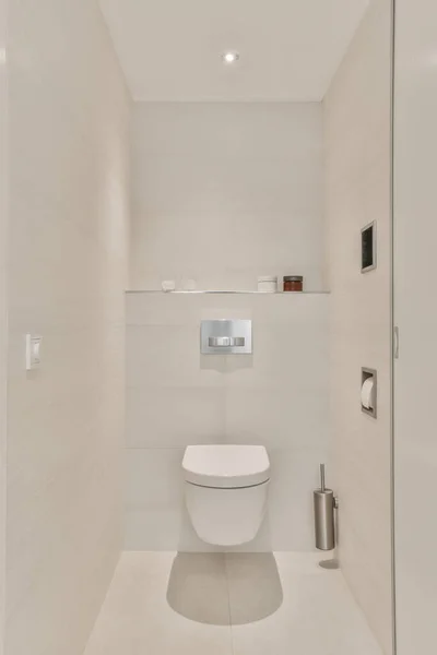 Contemporary Bathroom Interior Toilet Bowl Beige Ceramic Walls House Glowing — Stock Photo, Image