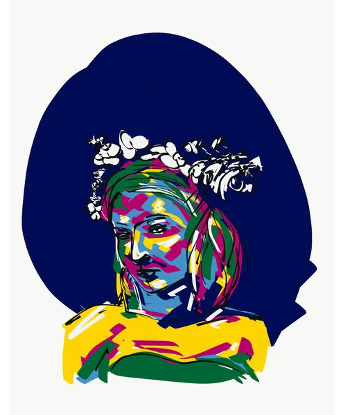 Креативная Разноцветная Векторная Иллюстрация Мечтательной Женщины Венком Голове Смотрящей Сторону — стоковое фото