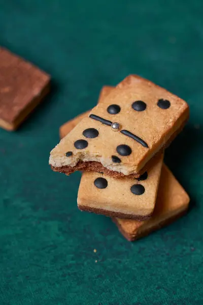 Heap Sweet Tasty Crunchy Dominoes Shaped Cookies Black Dots Bitten — Stock Photo, Image