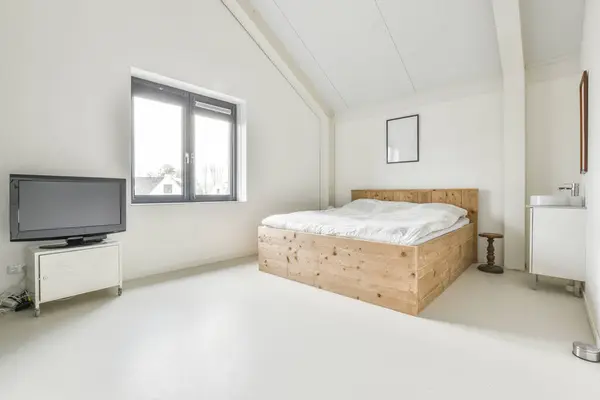 Light Attic Bedroom Interior White Walls Furnished Bed Corner Modern — Stock Photo, Image