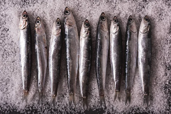 Top View Small Anchovies Served Row Salt Black Table — Stock Photo, Image
