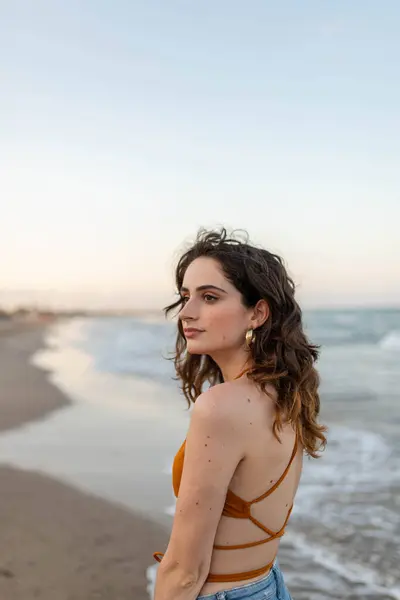 Dreamy Young Female Long Hair Looking Away While Standing Sandy — Stock Photo, Image