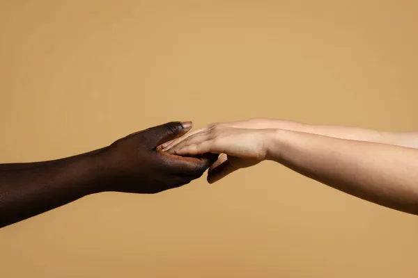 Side View Crop Unrecognizable Multiethnic Females Holding Hands Beige Background — Stock Photo, Image