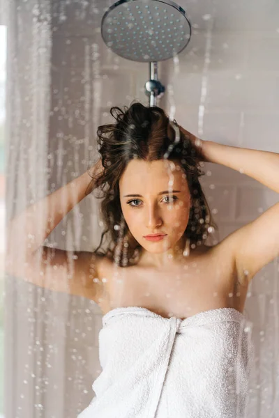 Female Wrapped White Soft Towel Standing Wet Glass Door Shower — Stock Photo, Image
