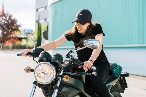 Positive Female Motorcyclist Sitting Motorbike Parked City Street Sunny Day — Stock Photo, Image