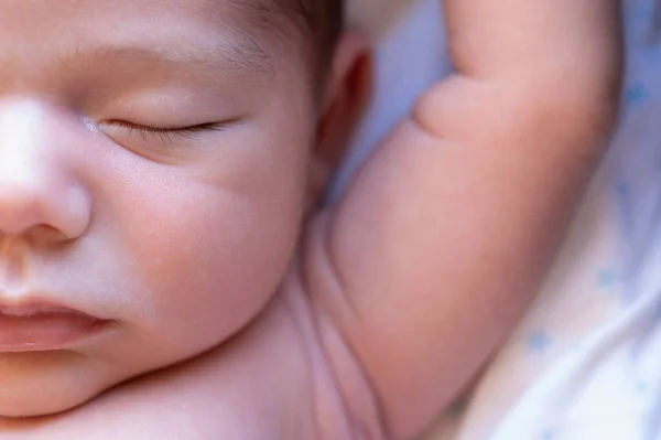 Top View Cute Small Adorable Naked Newborn Baby Sleeping Lying — Stock Photo, Image