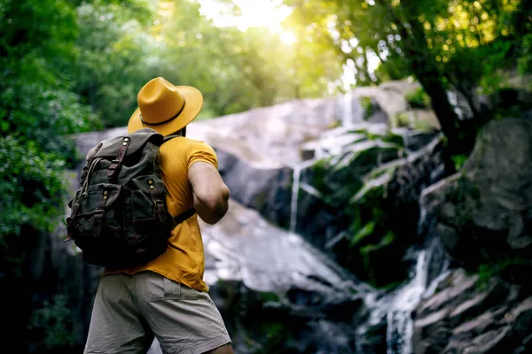 Visão Traseira Caminhante Masculino Irreconhecível Pedra Admirando Cachoeira Floresta — Fotografia de Stock