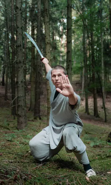 Full Body Man Traditional Clothes Practicing Sword Stance Kung Training — Stock Photo, Image