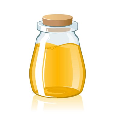 Cam şişe, kapakla kapatılmış şişe, mantar. Parfümlü kavanoz, kolonya suyu, yağ, tedavi için sıvı doğal ilaç, masaj, kozmetik prosedürler, yemek pişirme. Vektör modeli, beyaz üzerine şablon