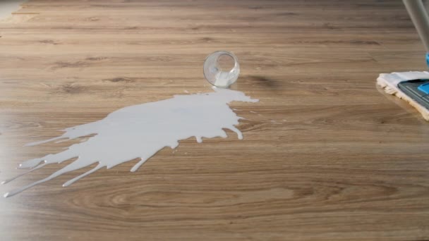 Un vaso de leche derramado en el suelo laminado se limpia con un trapeador de cerca. — Vídeo de stock