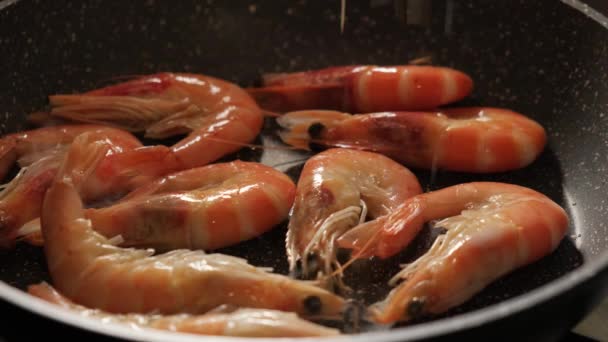 Cocinar camarones grandes en una cáscara en una sartén, de cerca — Vídeos de Stock