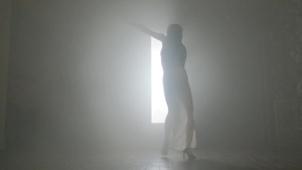 Femme dansant bachata danse à l'intérieur avec de la fumée. — Video