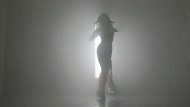 Femme dansant bachata danse à l'intérieur avec de la fumée. — Video